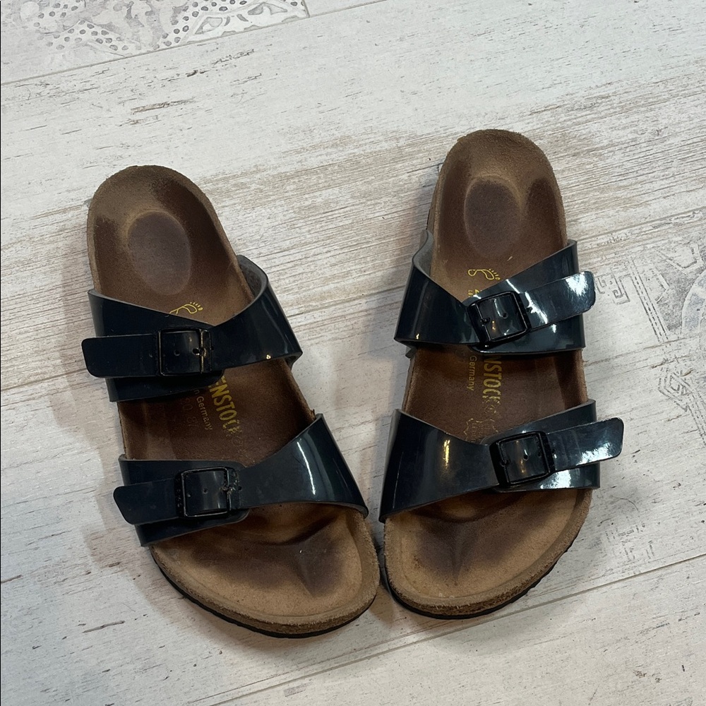 Birkenstock Arizona Dark Grey Birko-Flor Patent Sandals Size 8-8.5